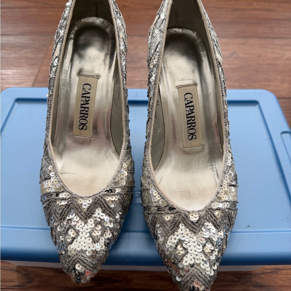 Caparros Silver Sequin Heels Pointed Toe Pumps Size 7.5